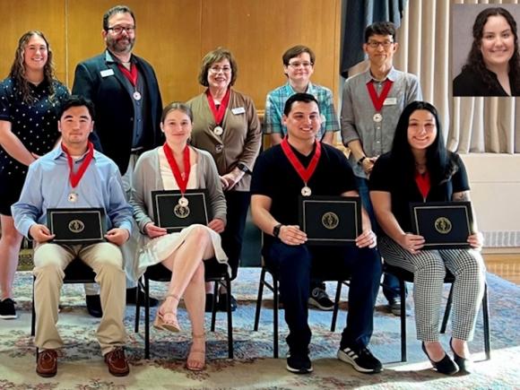 Newly inducted members of Westfield State University’s Mu Nu chapter of Pi Sigma Alpha Pi Sigma.  Front Row: Shahzair Tasneem, Alison Lundgren, Nicholas Lecce, Maggie Roberts.  Back Row: Natalie Pullen (2022 inductee), Dr. Charles DiStefano, Dr. Marsha Marotta, Dr. Heather Brown, Dr. Hugh Jo.  Inset: Gwyneth Smith (Submitted photo)