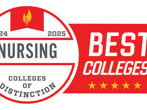 A graphic of a red and white badge, saying "Nursing, Colleges of Distinction, Best Colleges." 