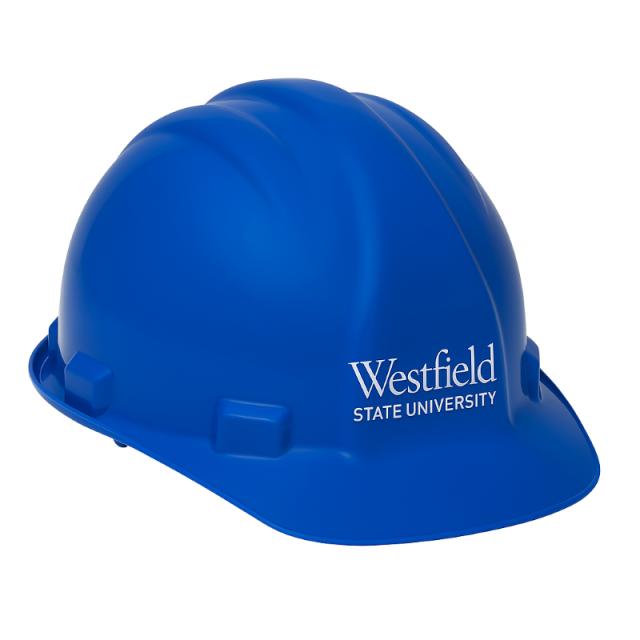 Blue construction helmet with Westfield State University written on it in white.