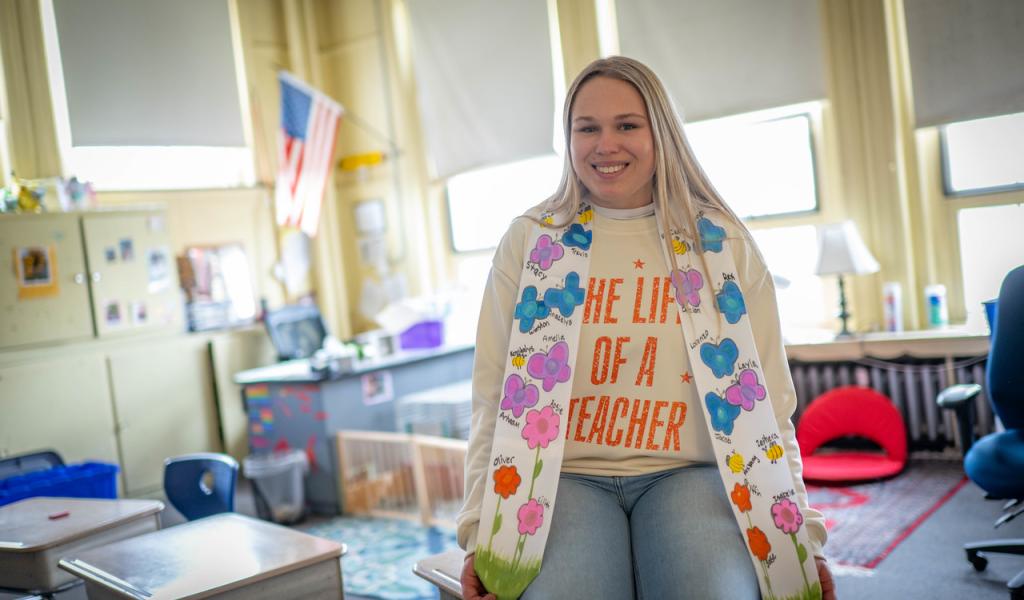 Student intern smiling at her internship at Mittineague Elementary School.